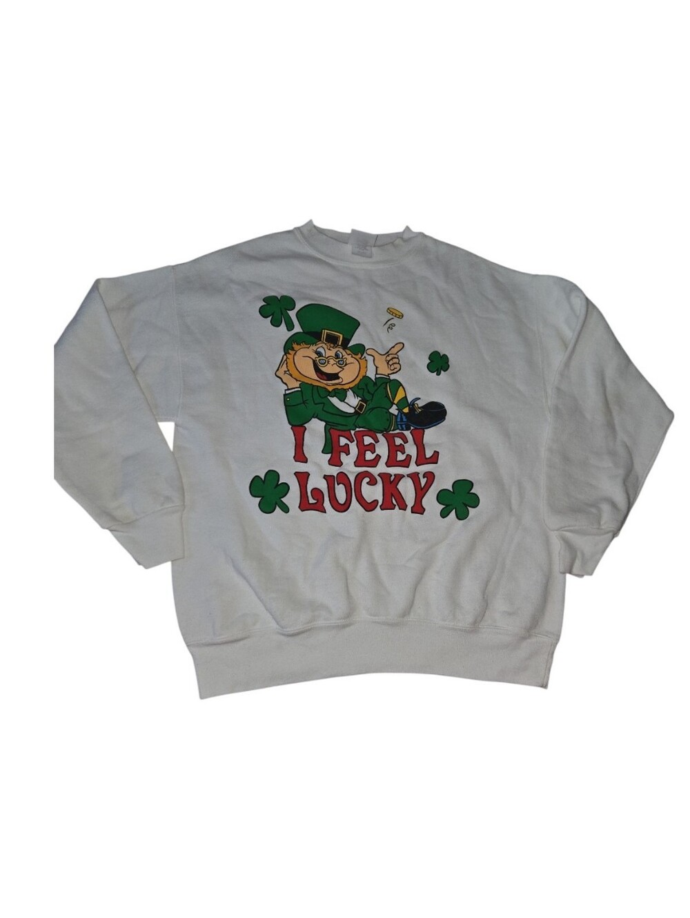 Vintage Men's White 'I Feel Lucky' Graphic Sweatshirt Size L